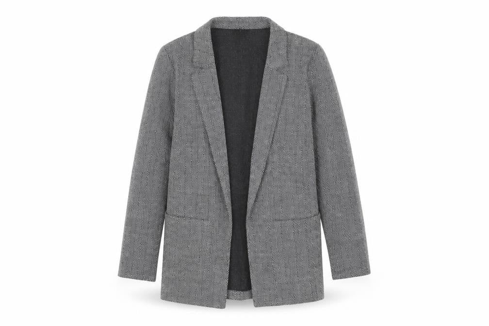 Front view of H&M Grey Women's Coatigan - M, Knit Herringbone Style