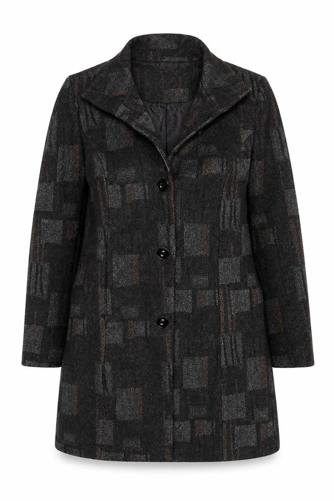 Front view of Klass Women's Black Geometric Mid-Length Coat, size 16