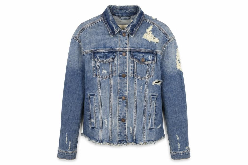 Front view of Hollister Women's Blue Distressed Denim Jacket XS
