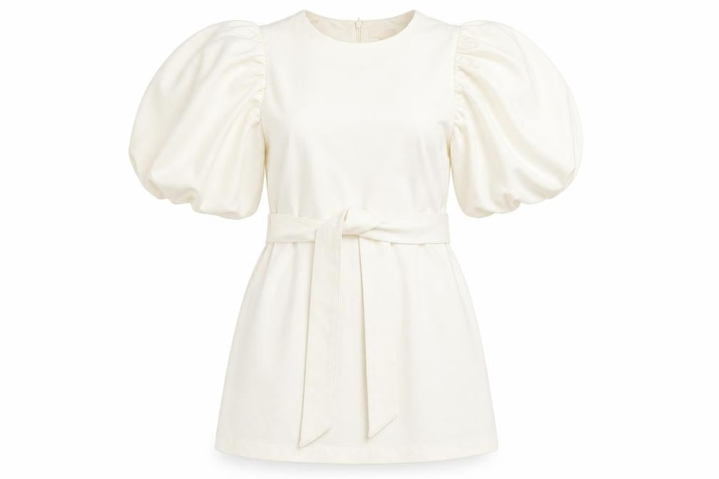 Front view of H&M Women's S Ivory A-Line Puff Sleeve Mini Dress