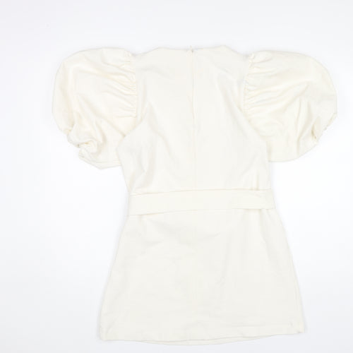 H&M Women's S Ivory A-Line Puff Sleeve Mini Dress