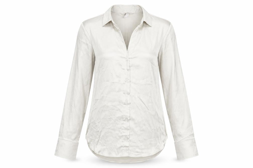 Front view of H&M Women's Beige Button-Up Shirt -, size 12