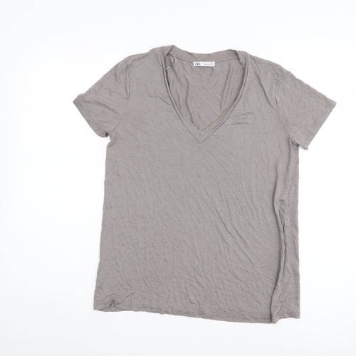 Zara Women's Grey V-Neck T-Shirt Size 8