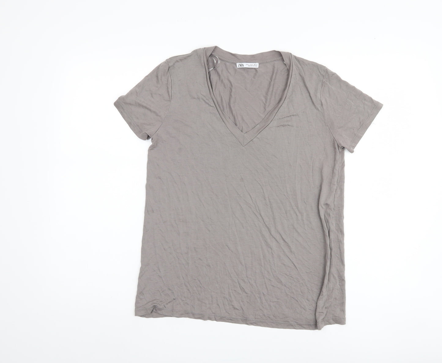 Zara Women's Grey V-Neck T-Shirt Size 8