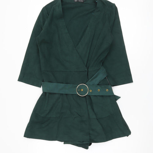 Zara Women's Green Belted Playsuit Size 12 V-Neck