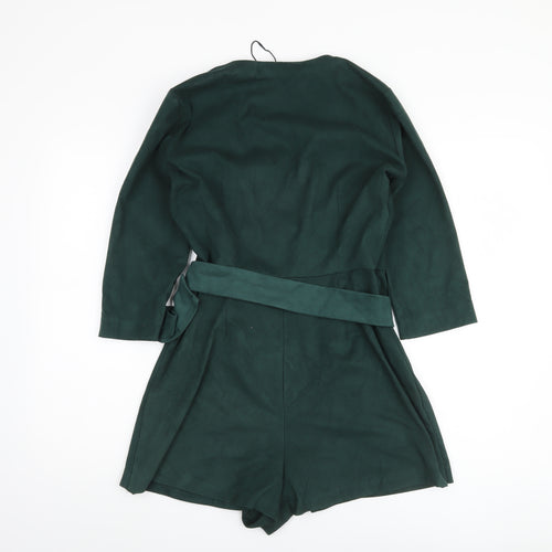Zara Women's Green Belted Playsuit Size 12 V-Neck