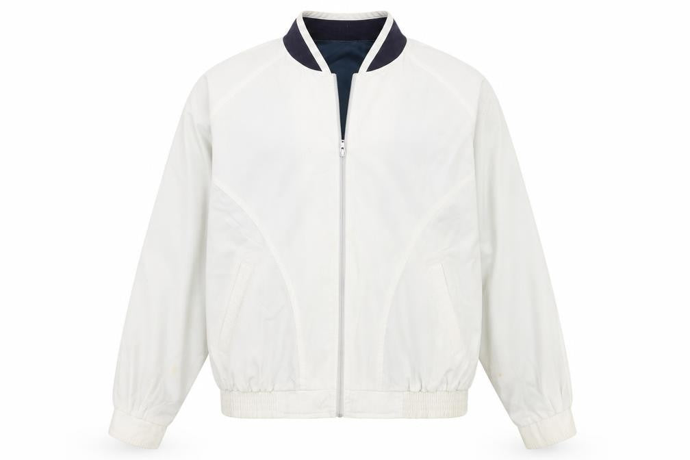 Front view of men’s casuals white xl bomber jacket, zipped pockets