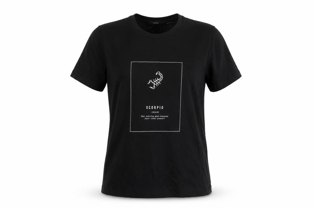 Front view of Vero Moda Women's Black Zodiac T-Shirt, size L