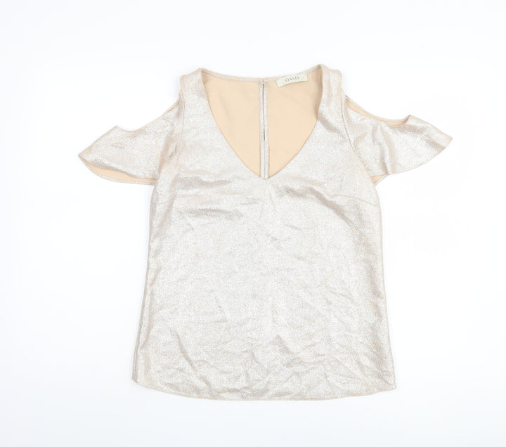 Oasis Women's Beige V-Neck Cold Shoulder Blouse Size 8