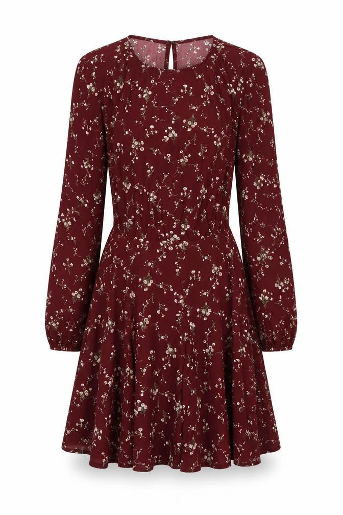 AX Paris Women's Red Floral A-Line Long Sleeve Dress