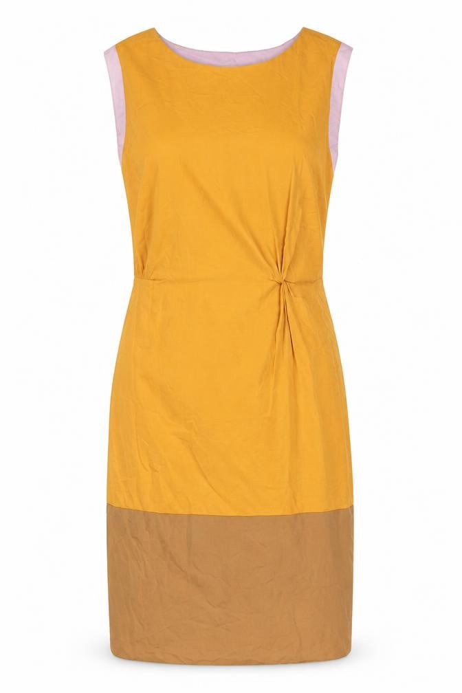 Front view of Lisa Ho Women's Yellow Silk Sheath Dress, size 8