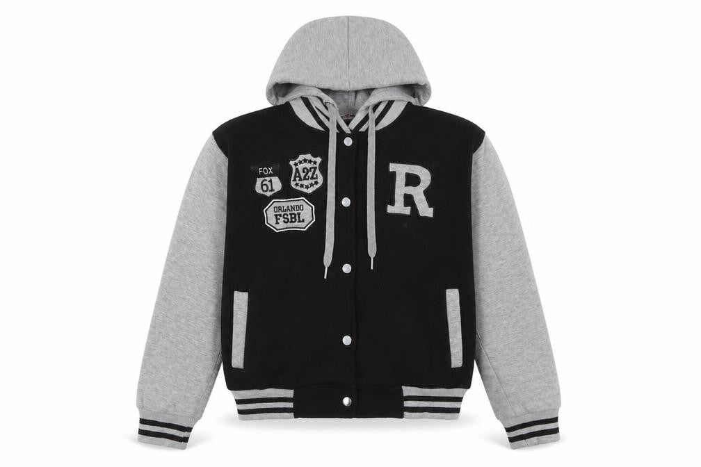 A2Z 4-Kids Boys Varsity Jacket, Black/Grey, 13 Years, Hooded