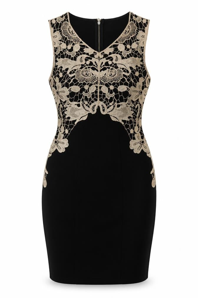 Front view of Maya Deluxe Women’s Black Lace Sheath Dress, size UK 8