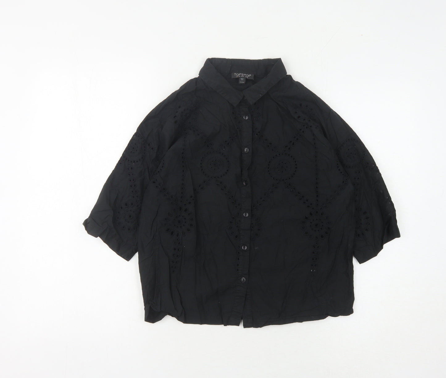 Topshop Women's Black Button-Up Shirt, Size 8, Cotton