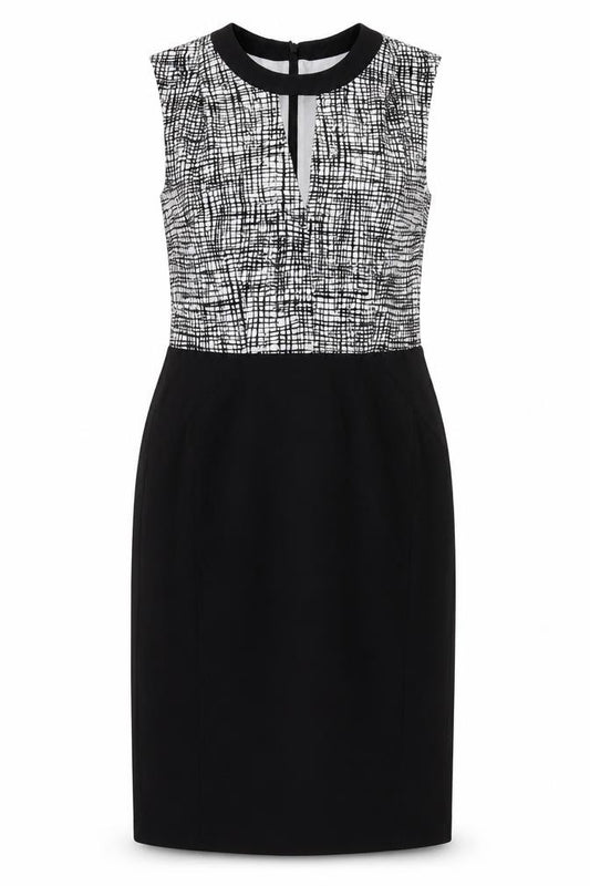 Front view of Oasis Women's Black Geometric Shift Dress, size 8, Sleek & Stylish