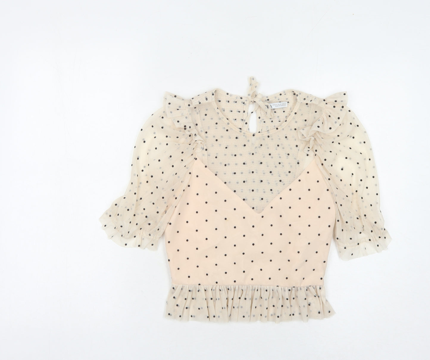 Zara Women's Beige Polka Dot Ruffle Blouse XS