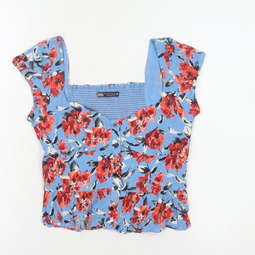 Zara Women's Blue Floral Cropped Blouse XS