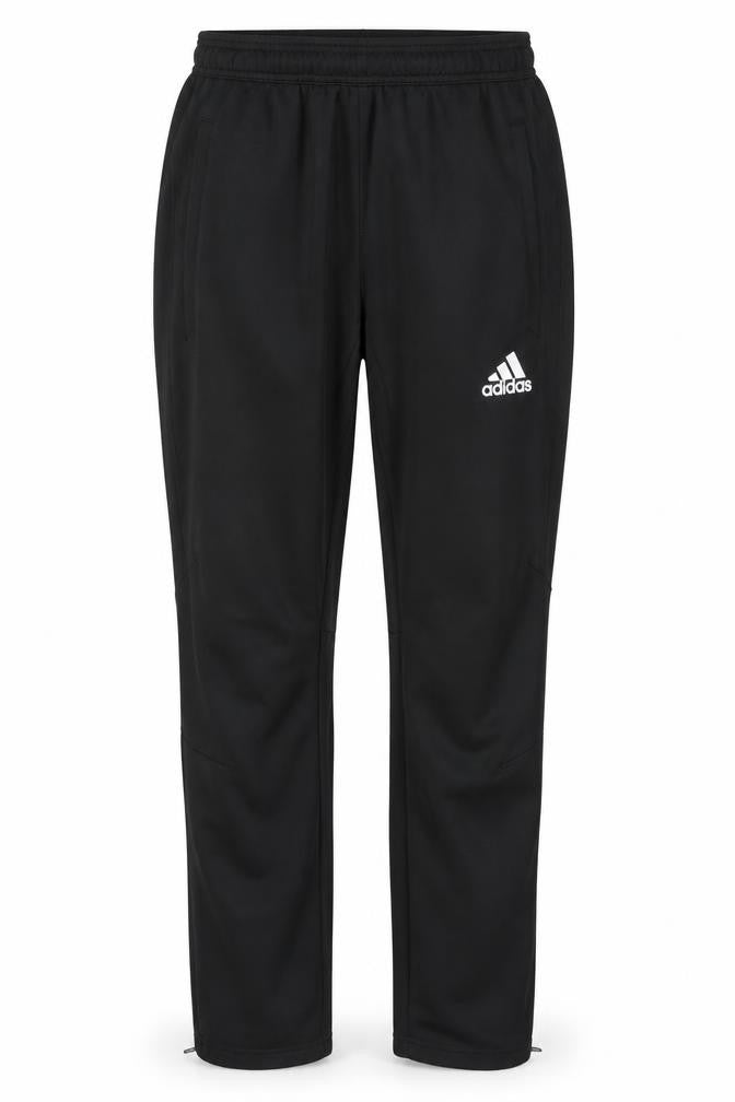 Front view of Adidas unisex black track pants, s, elastic waist, activewear