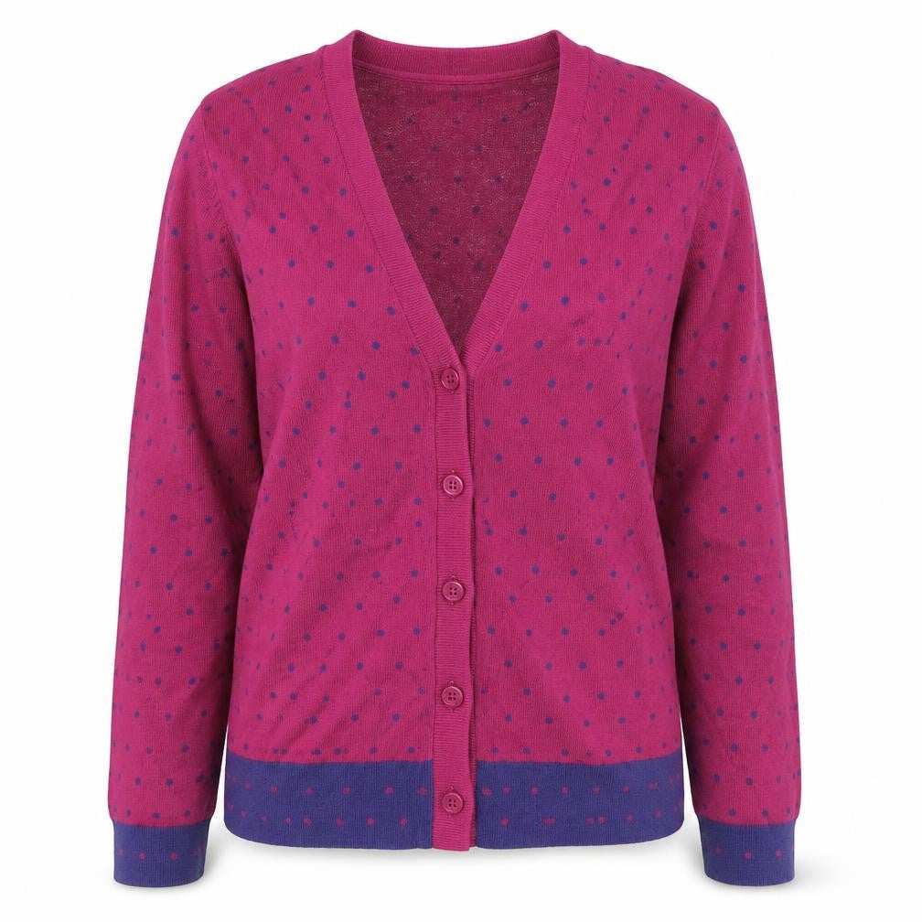 Front view of Tulchan Women's Purple Polka Dot Cardigan, size S