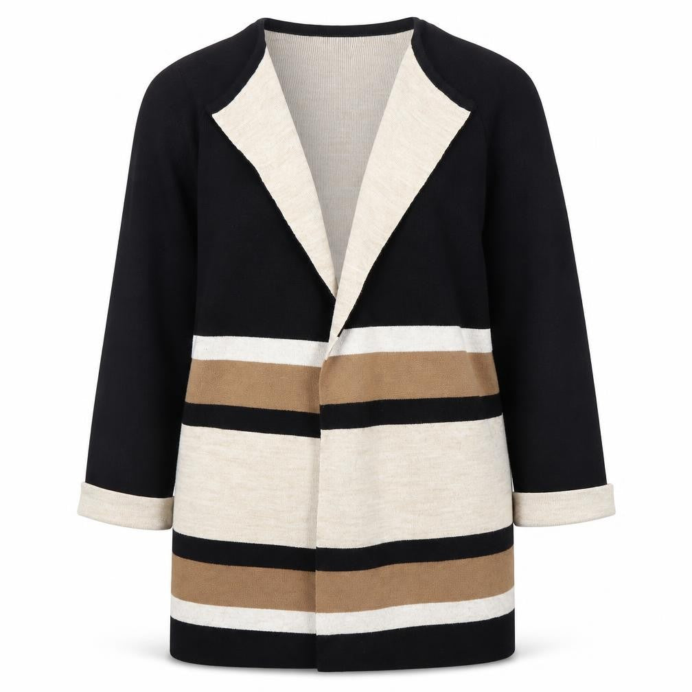 Front view of Wallis Women’s Open Front Cardigan L Black Beige Brown Stripe