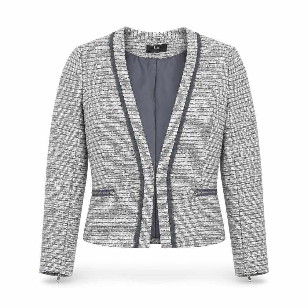 Front view of H&M Women’s Grey Blazer, size UK 6, Stripe Pattern, Shawl Lapel