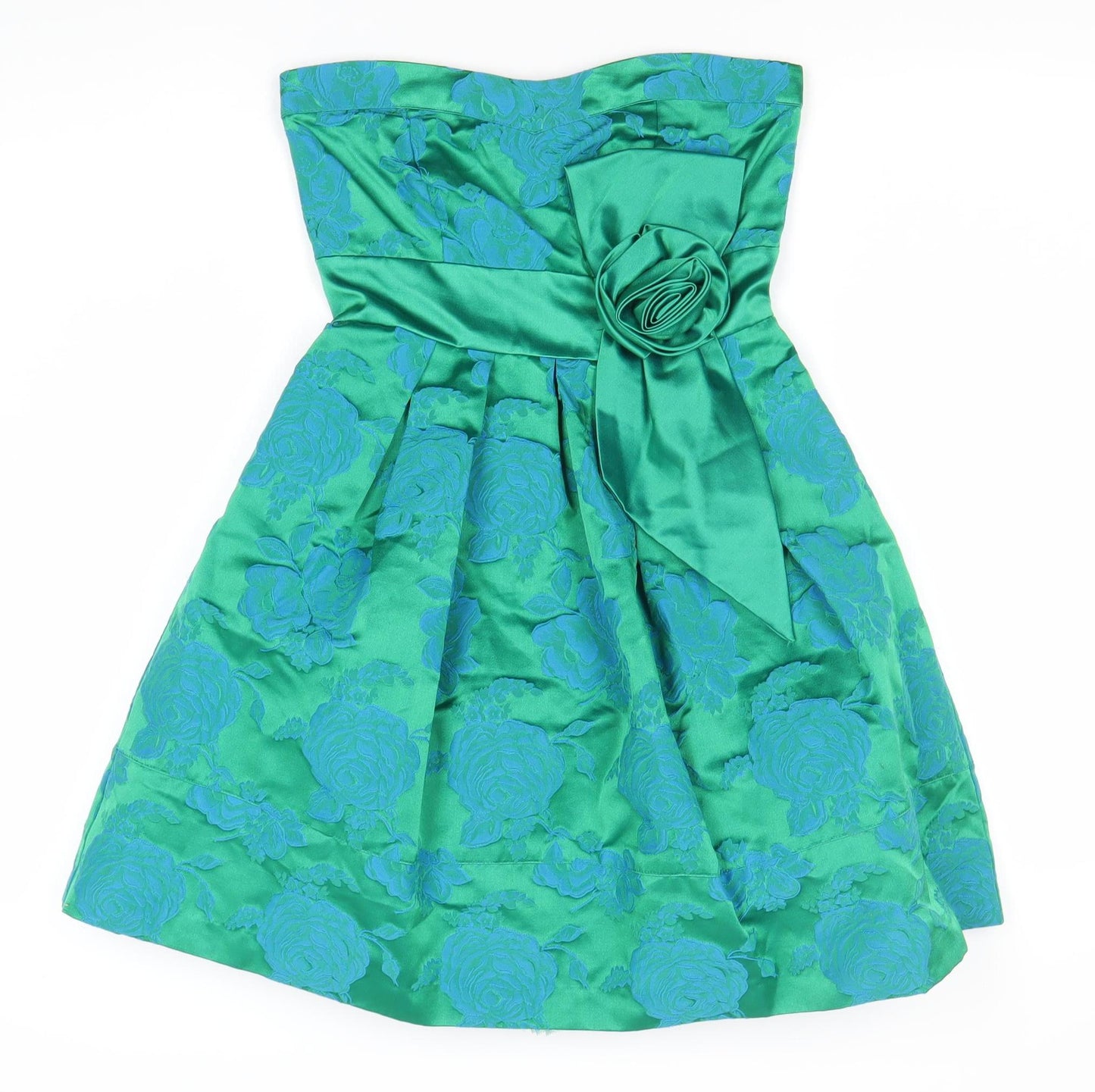 Warehouse Green Floral A-Line Strapless Dress - UK 6