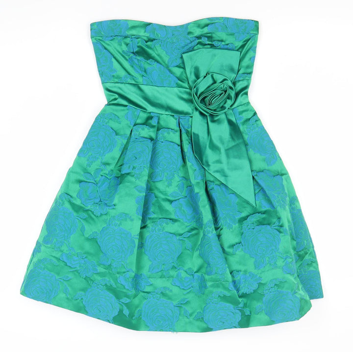 Warehouse Green Floral A-Line Strapless Dress - UK 6