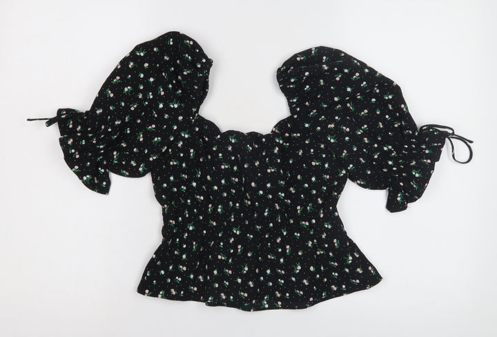 H&M Women's Black Floral Off-Shoulder Puff Sleeve Blouse XS