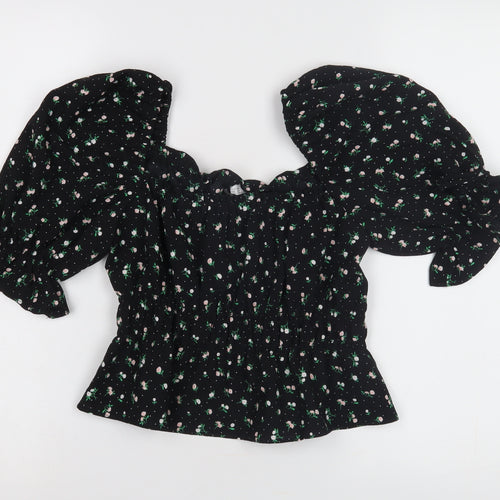 H&M Women's Black Floral Off-Shoulder Puff Sleeve Blouse XS