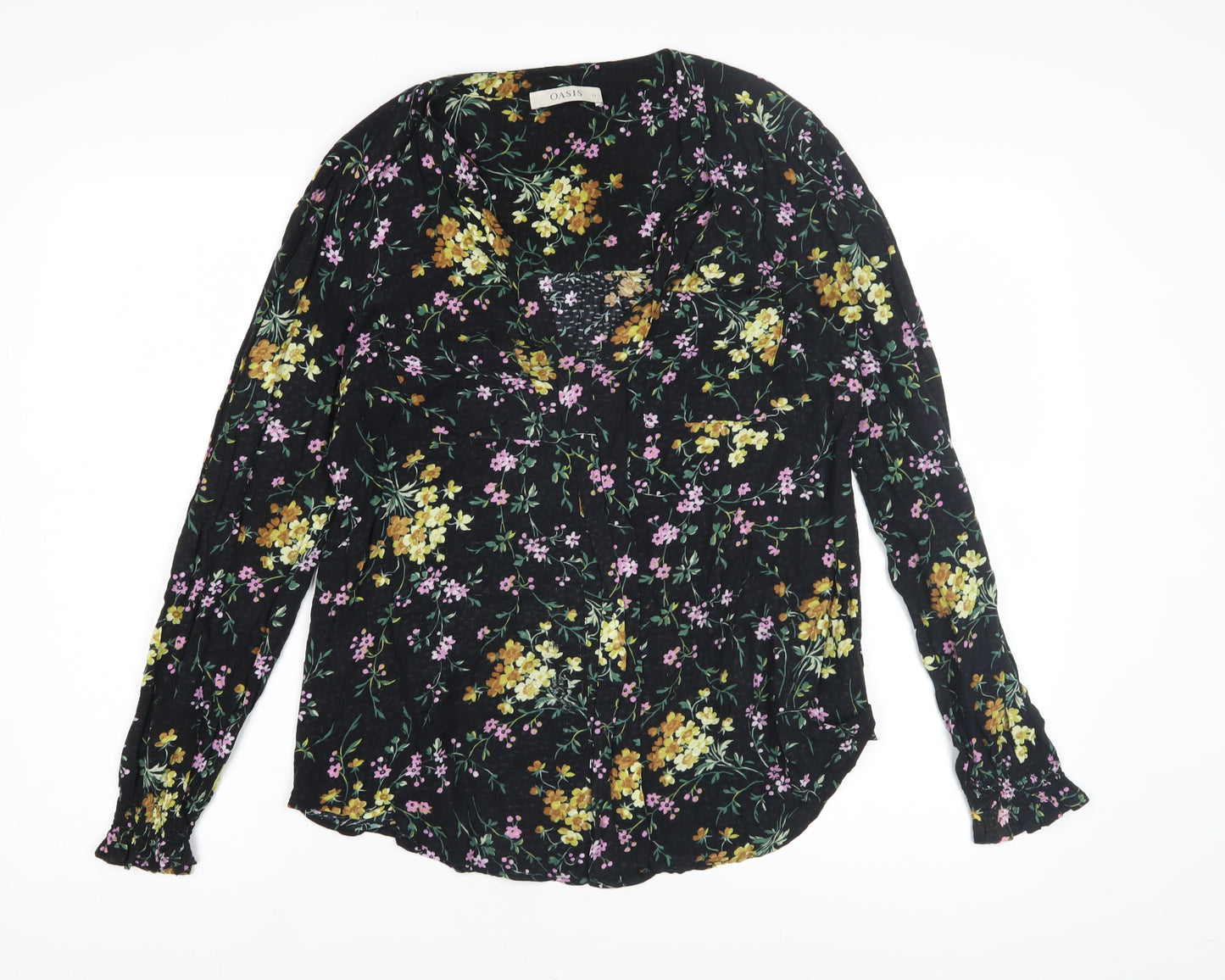 Oasis Women's Black Floral Blouse, Size 12, V-Neck