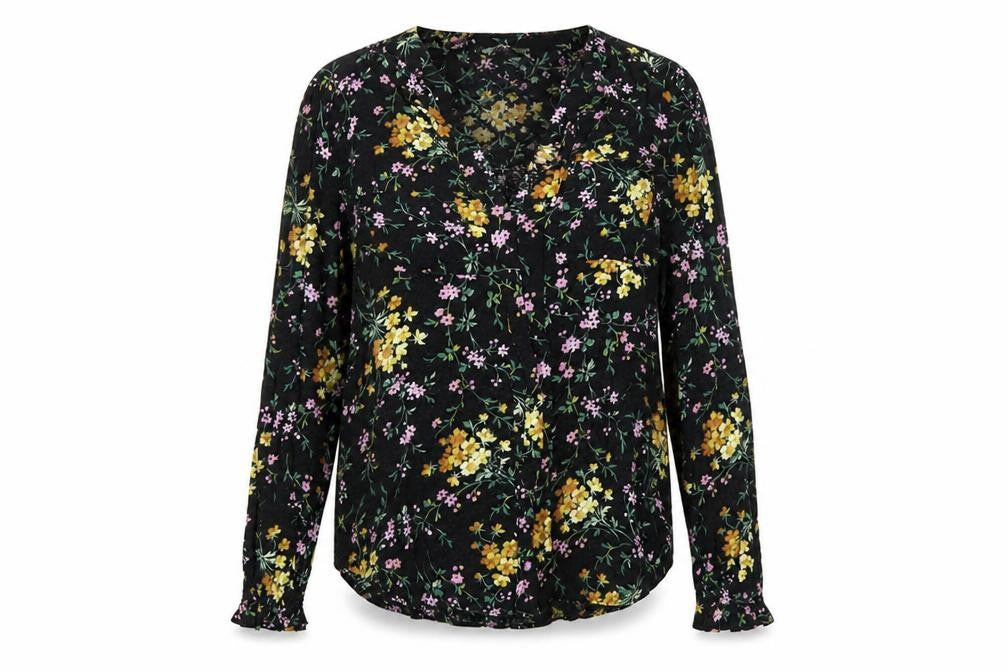 Front view of Oasis Women's Black Floral Blouse, size 12, V-Neck