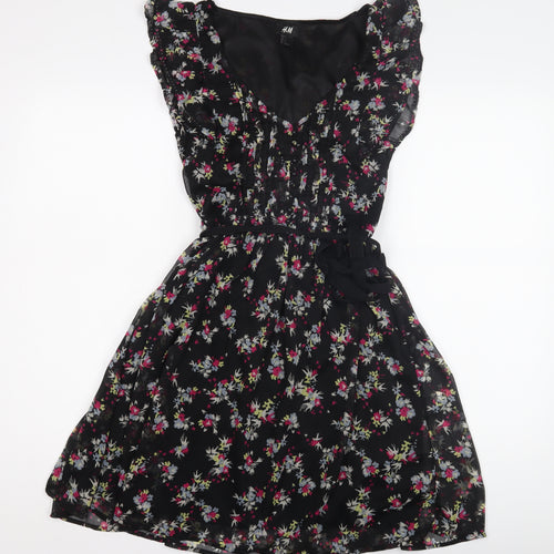 H&M Floral Black Flutter Sleeve Women's Dress Size 6