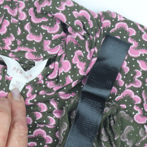 Per Una Women's Green Floral Blouse Size 12 Long Sleeve