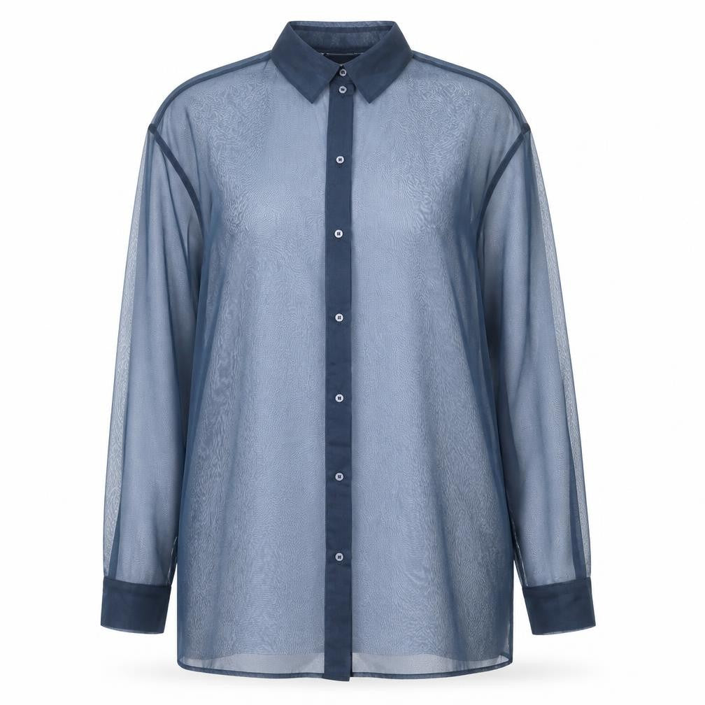 Front view of Weekday Women's Blue Sheer Button-Up, size 14, Kimono Style