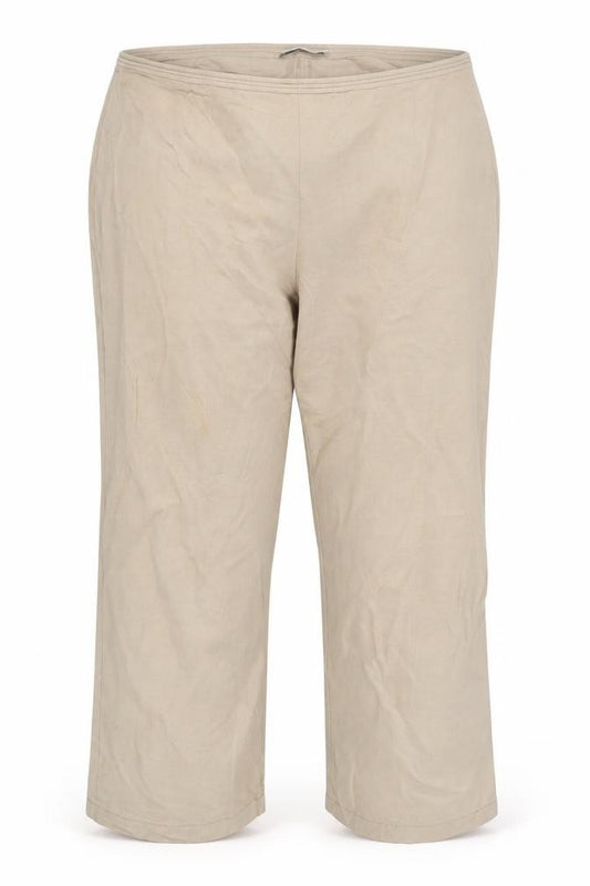 Front view of Chesca women’s beige linen silk relaxed trousers, size UK 20