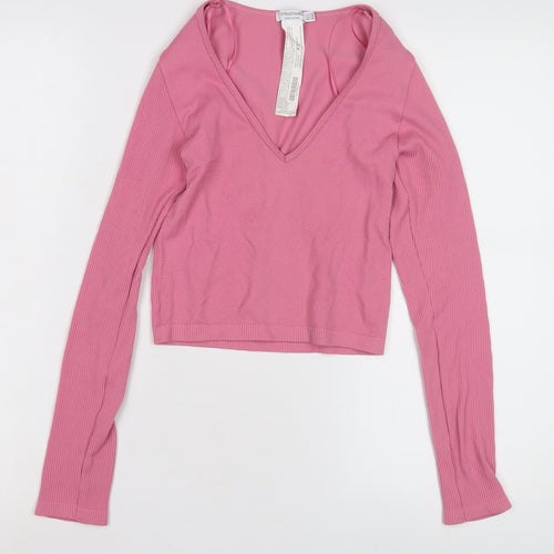 Stradivarius Women's Pink Cropped V-Neck Top XS