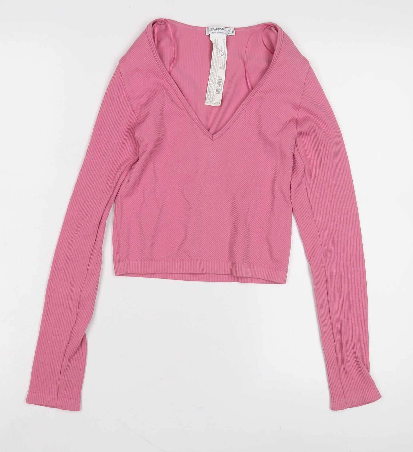 Stradivarius Women's Pink Cropped V-Neck Top XS