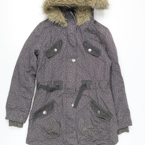 Next Girls Grey Polka Dot Parka Coat 11-12 Years, Hooded, Lined