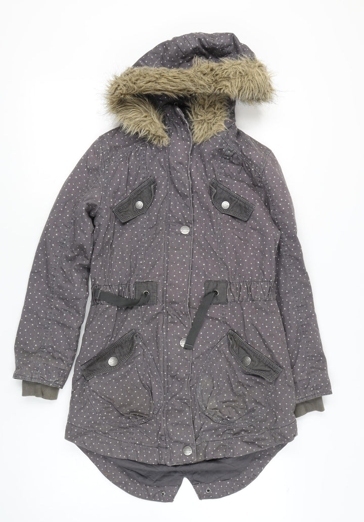 Next Girls Grey Polka Dot Parka Coat 11-12 Years, Hooded, Lined