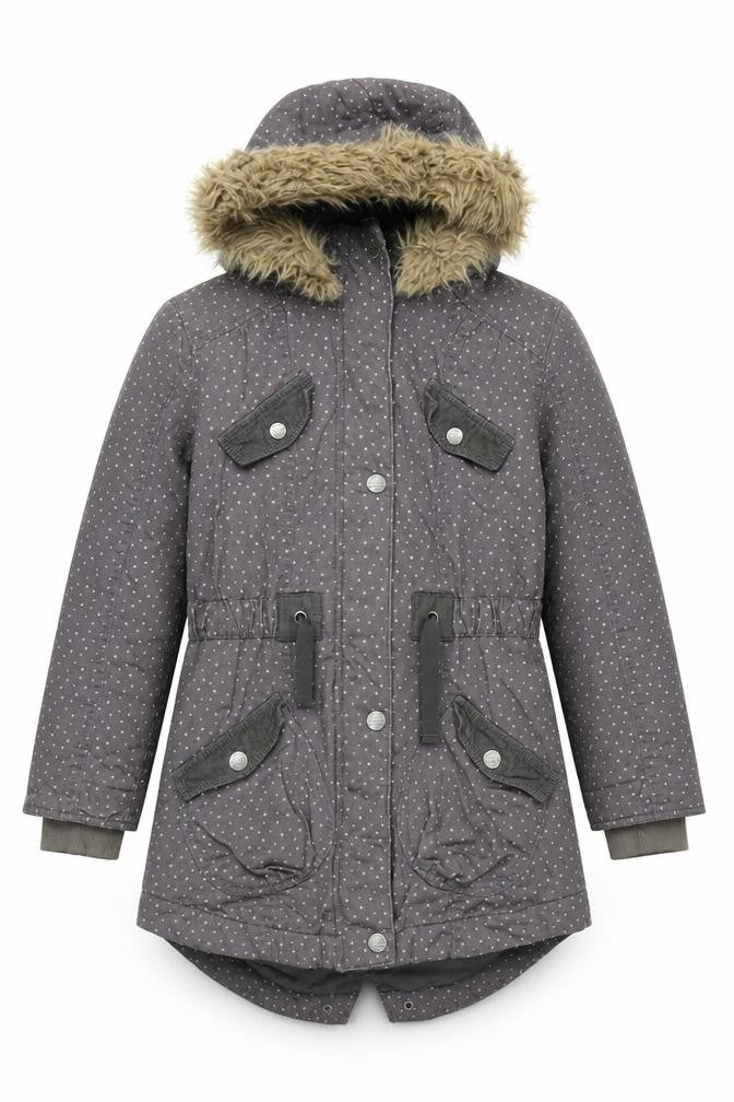 Next Girls Grey Polka Dot Parka Coat 11-12 Years, Hooded, Lined