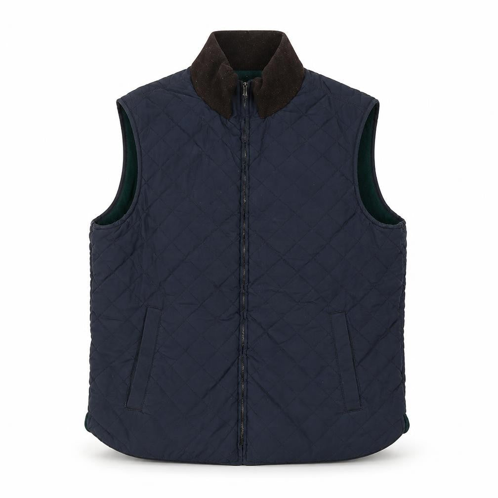 Front view of Morris unisex blue quilted waistcoat, size 20