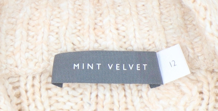 Mint Velvet Women's Beige High Neck Cable-Knit Jumper Size 12