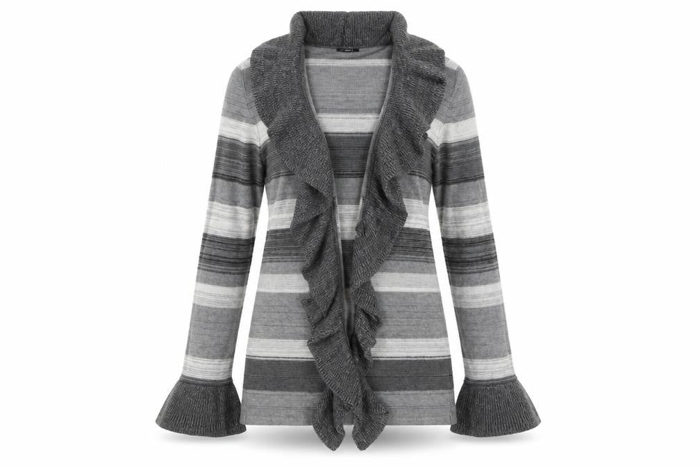 Front view of Roman Women's Grey Striped Cardigan Jumper, size 16