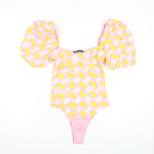 Zara Women’s Pink Geometric Puff Sleeve Bodysuit Small