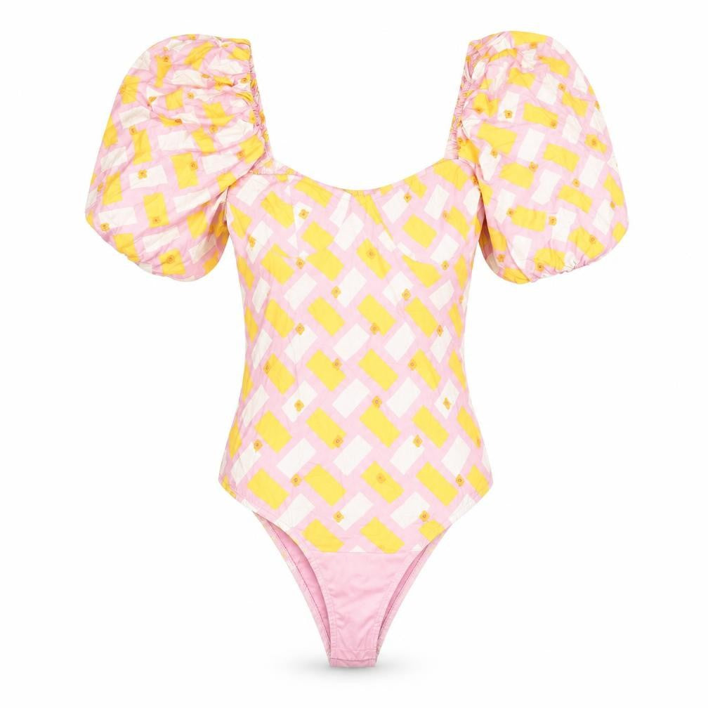 Zara Women’s Pink Geometric Puff Sleeve Bodysuit Small