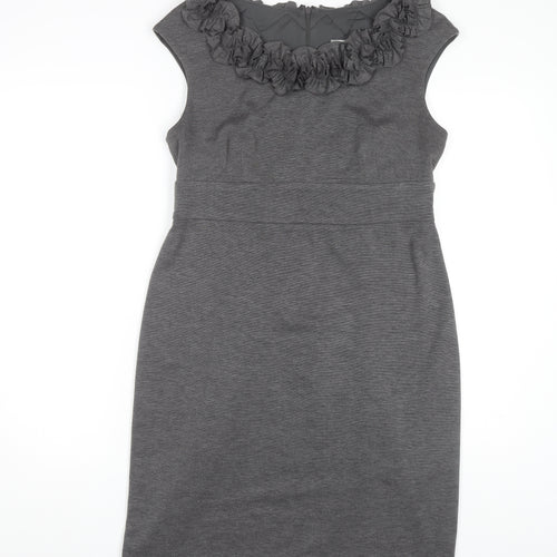 Wallis Women's Grey Sheath Dress Size 14 Ruffled Neck