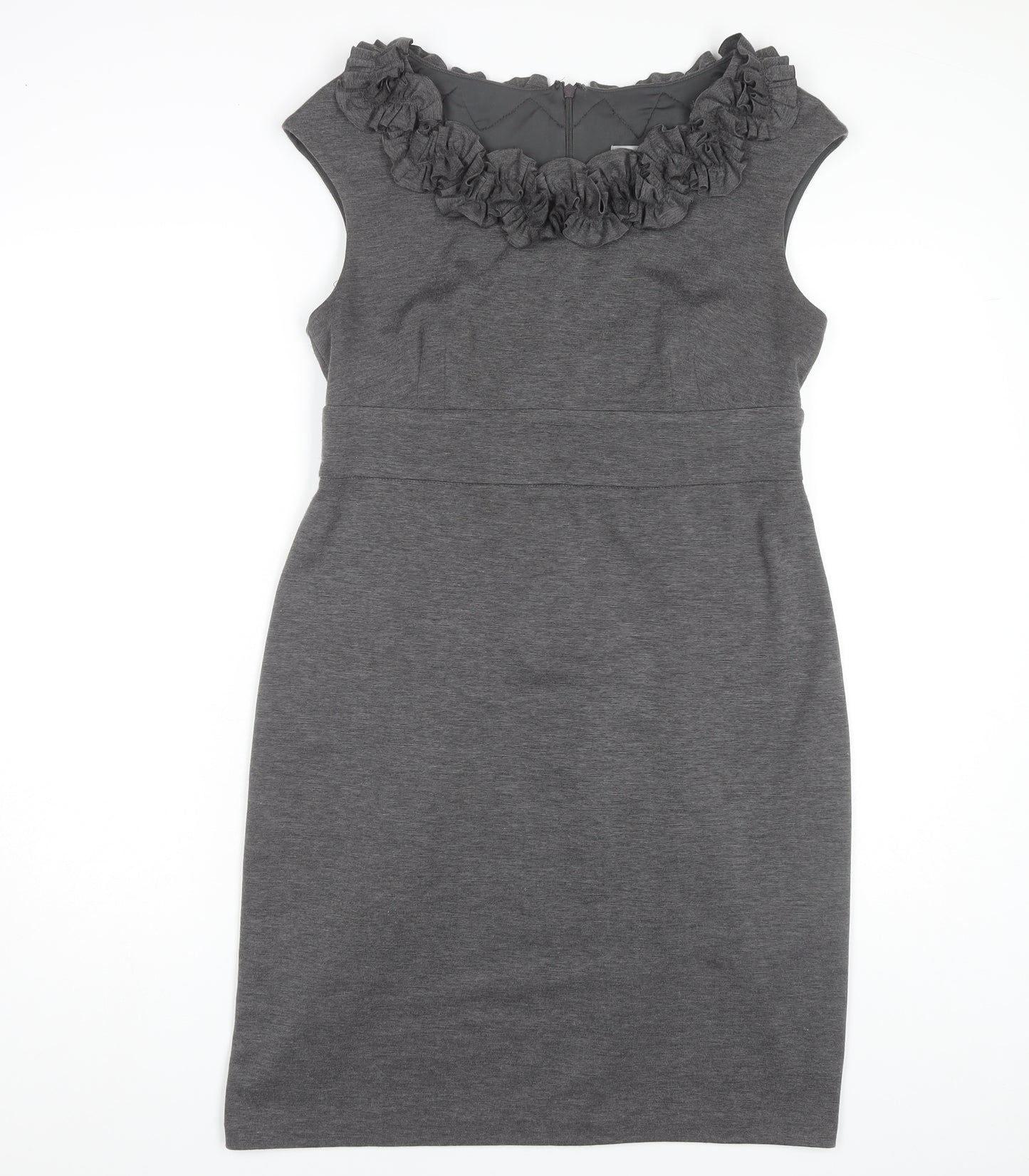 Wallis Women's Grey Sheath Dress Size 14 Ruffled Neck