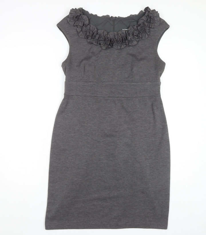 Wallis Women's Grey Sheath Dress Size 14 Ruffled Neck