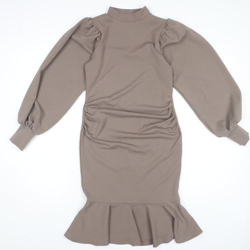 Boohoo Women’s Brown Sheath Dress Size 10, High Neck, Ruched