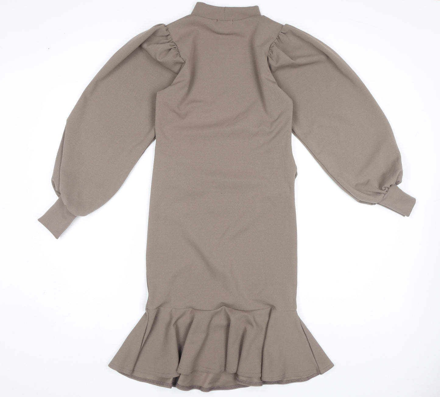 Boohoo Women’s Brown Sheath Dress Size 10, High Neck, Ruched